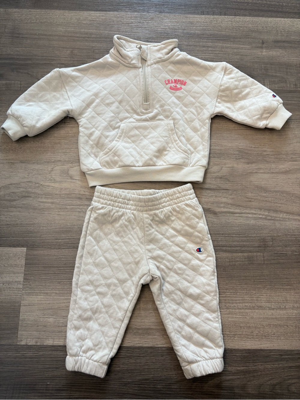 Champion Kids Quilted Sweatpant Set in Cream with Pink Logo